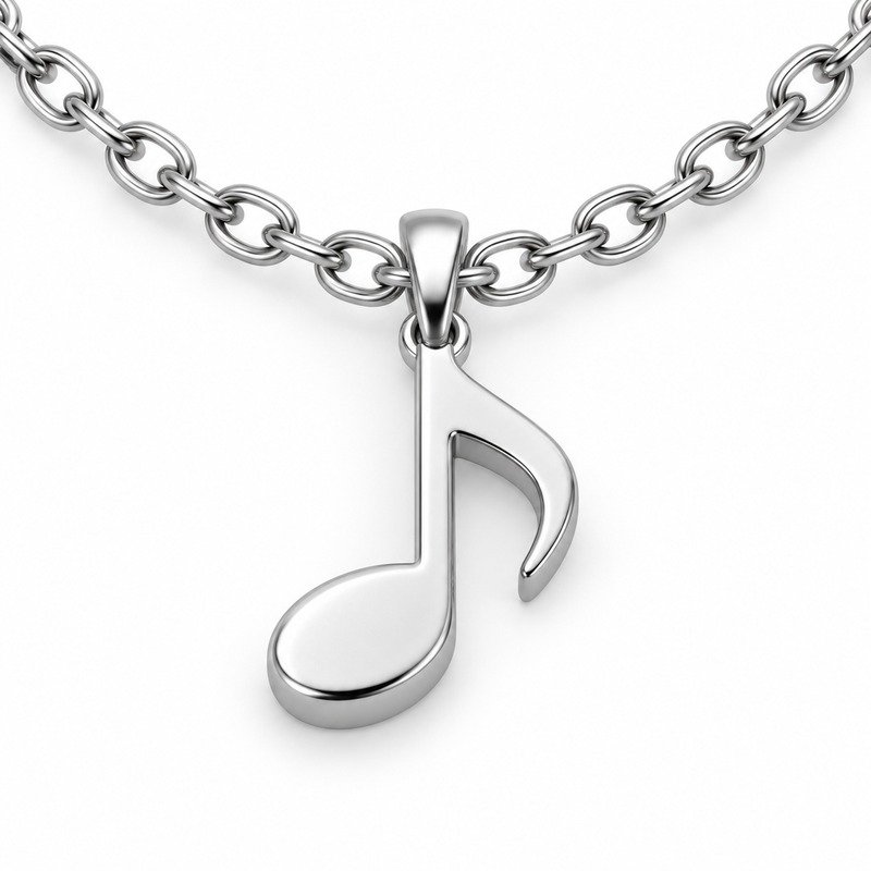 womens silver Stainless Steel music note pendant necklace, reverse side and connection structure on white