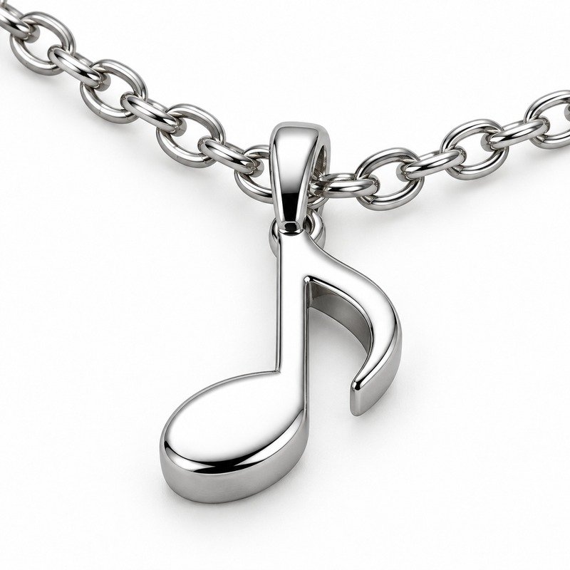 womens silver Stainless Steel music note pendant necklace, material and craftsmanship close-up