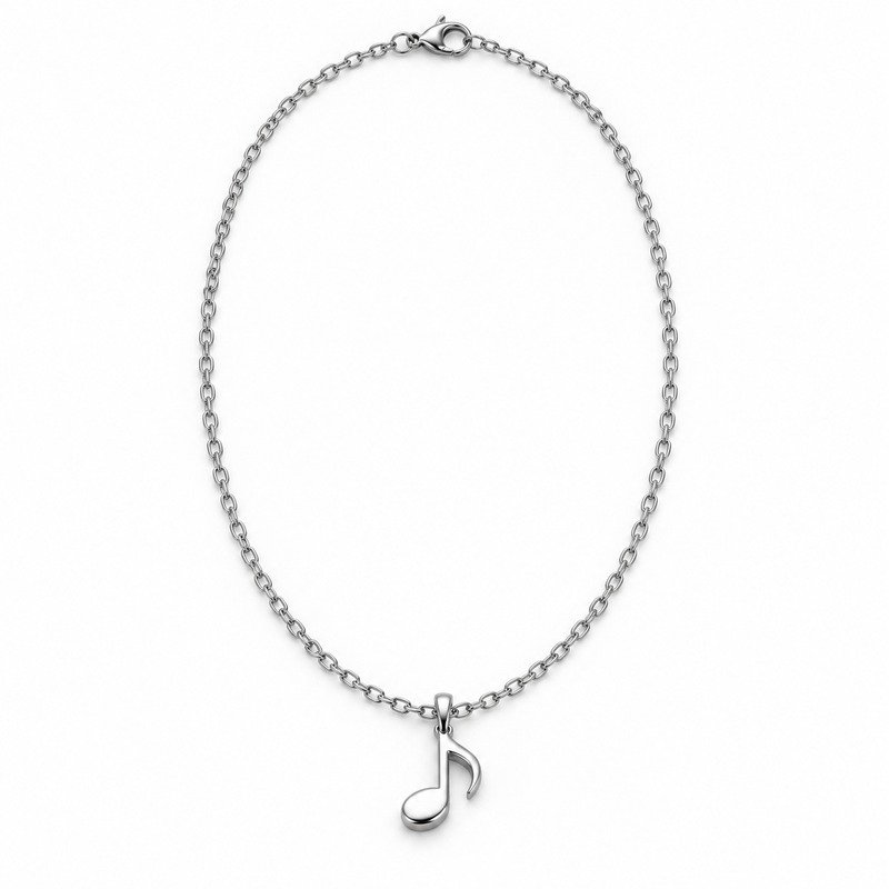 womens silver Stainless Steel music note pendant necklace, front view on white