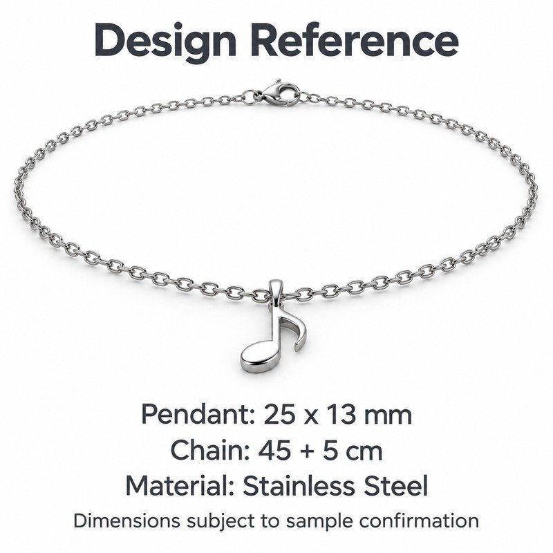 womens silver Stainless Steel music note pendant necklace, design reference dimensions and material specifications