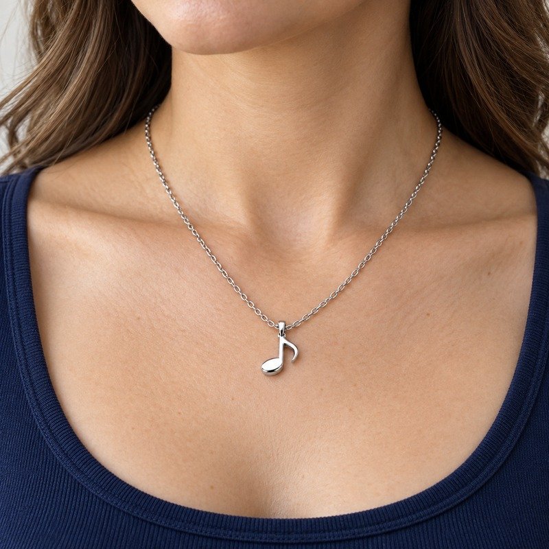 womens silver Stainless Steel music note pendant necklace, worn by an adult model