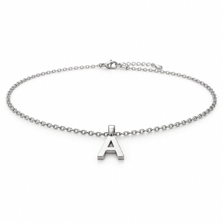 womens silver Stainless Steel initial a necklace, at a 45-degree angle on white