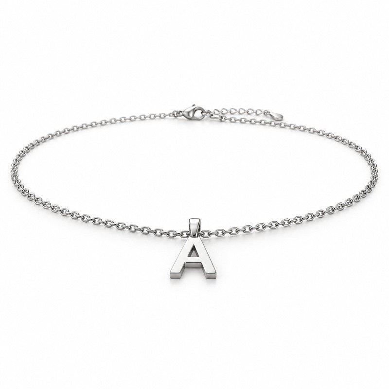womens silver Stainless Steel initial a necklace, at a 45-degree angle on white