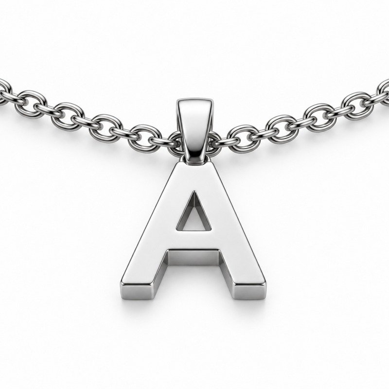 womens silver Stainless Steel initial a necklace, reverse side and connection structure on white