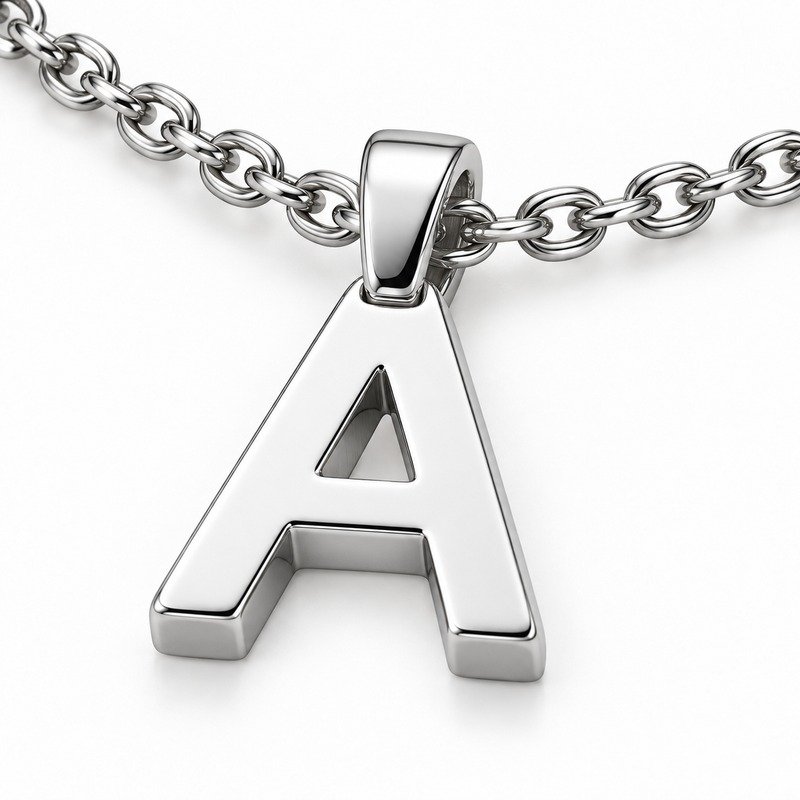 womens silver Stainless Steel initial a necklace, material and craftsmanship close-up