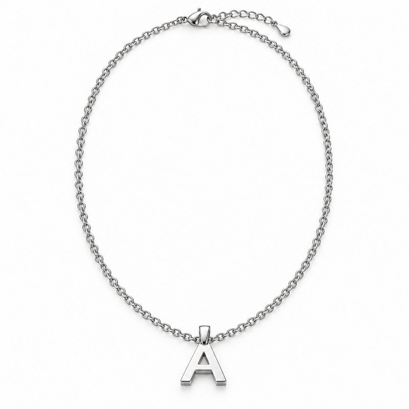 womens silver Stainless Steel initial a necklace, front view on white