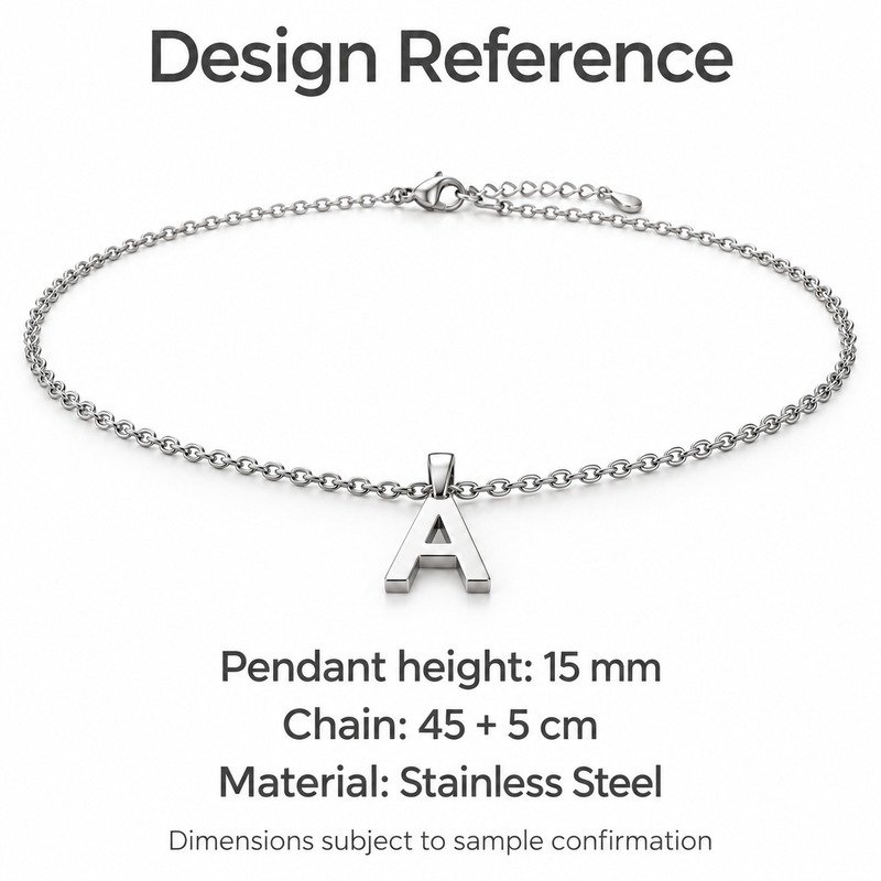 womens silver Stainless Steel initial a necklace, design reference dimensions and material specifications
