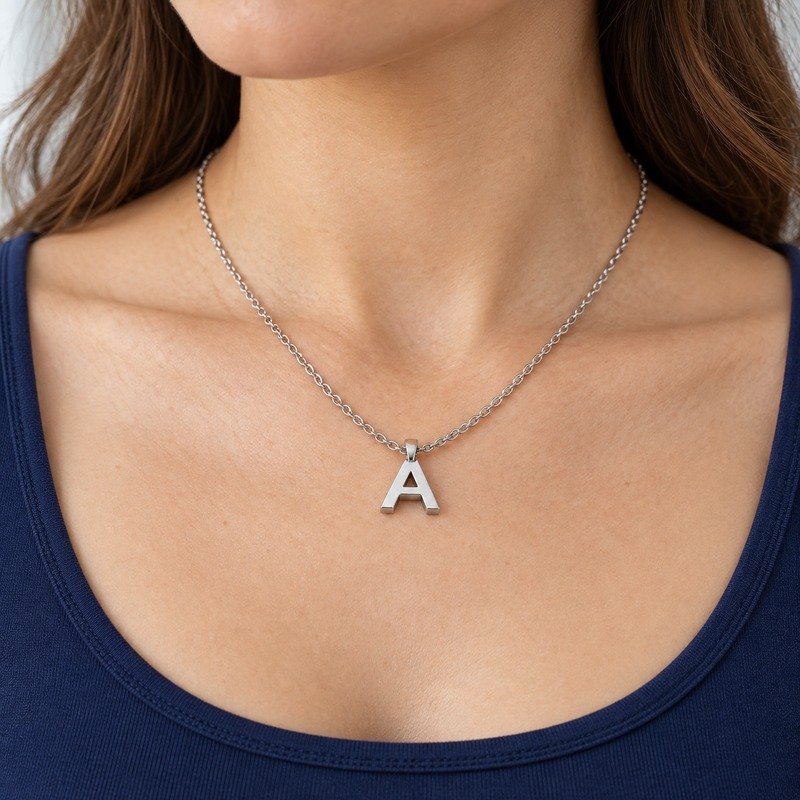 womens silver Stainless Steel initial a necklace, worn by an adult model