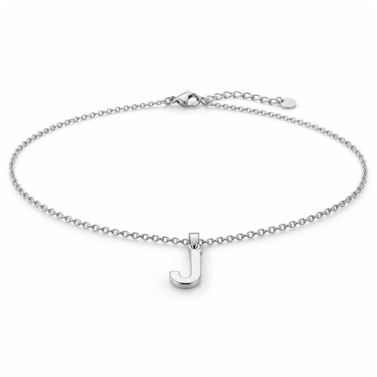 womens silver Stainless Steel initial j necklace, at a 45-degree angle on white