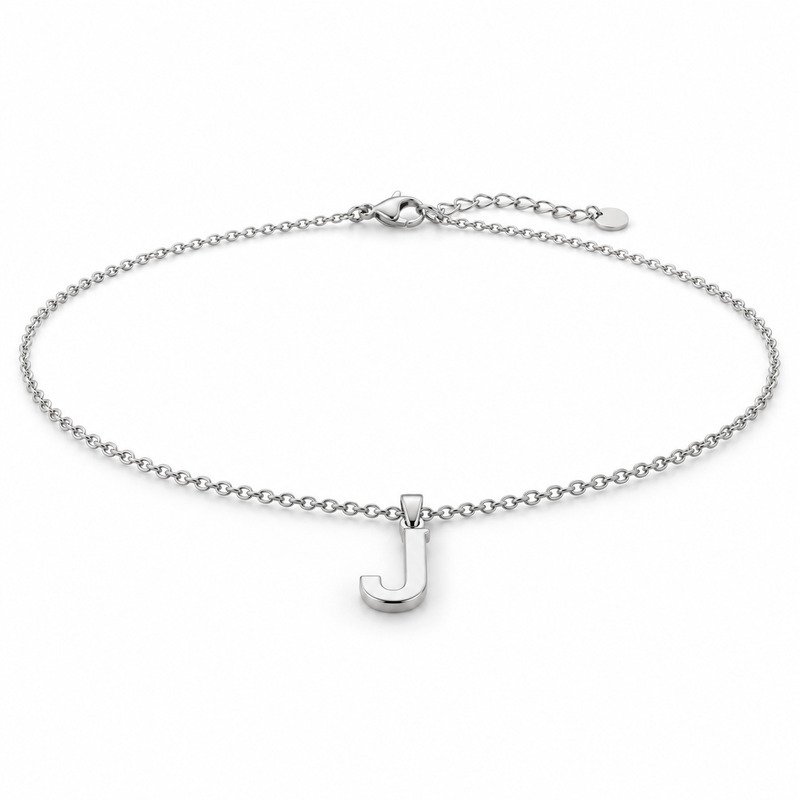 womens silver Stainless Steel initial j necklace, at a 45-degree angle on white