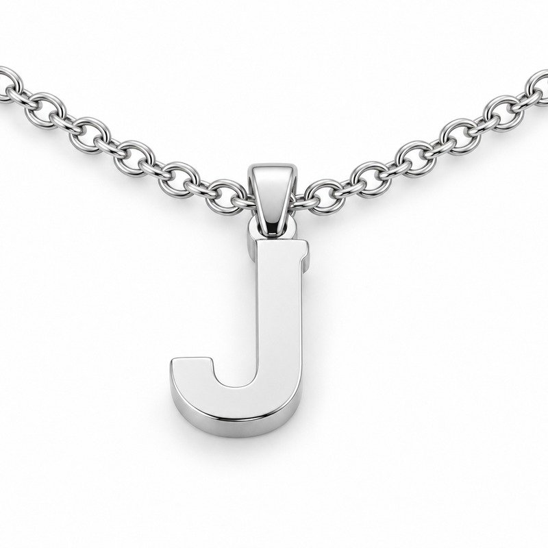 womens silver Stainless Steel initial j necklace, reverse side and connection structure on white