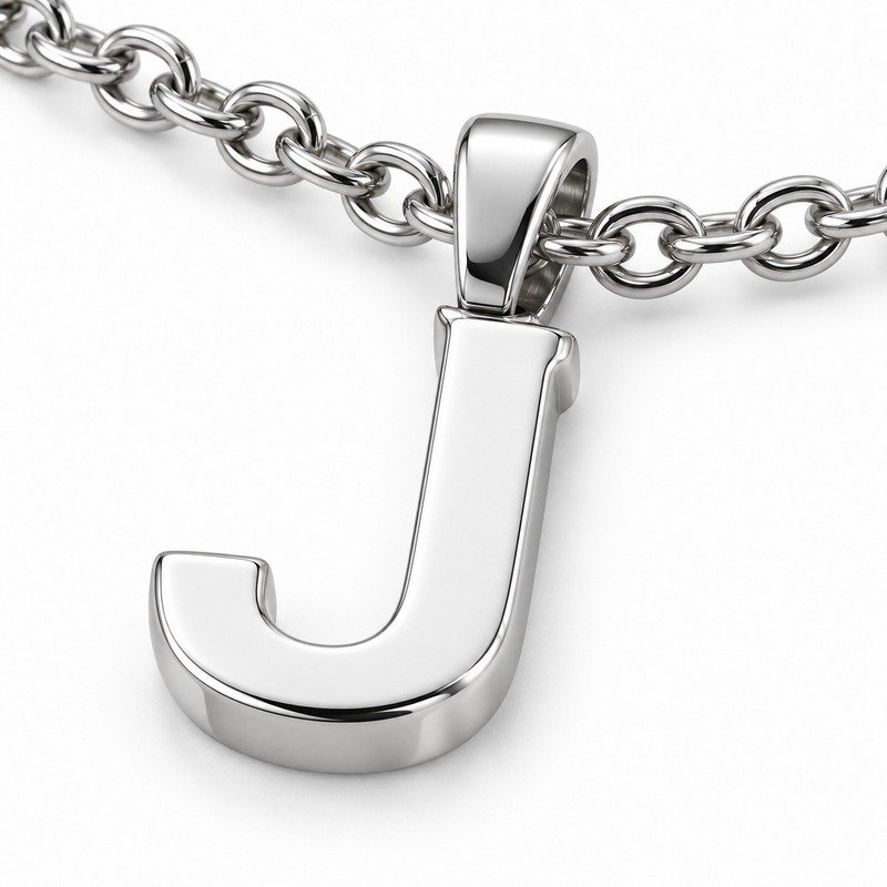 womens silver Stainless Steel initial j necklace, material and craftsmanship close-up