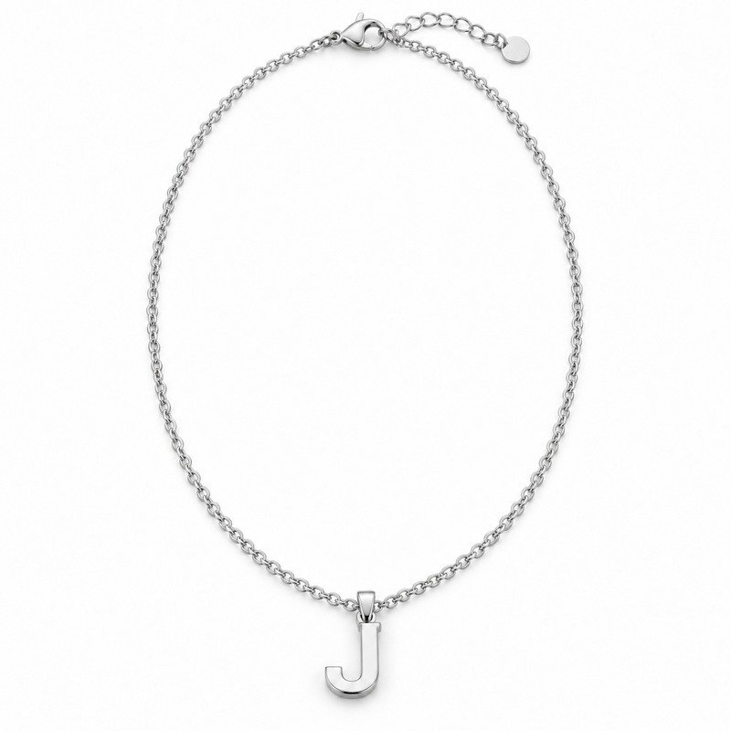 womens silver Stainless Steel initial j necklace, front view on white