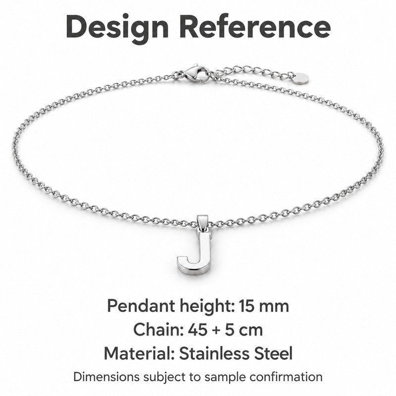 womens silver Stainless Steel initial j necklace, design reference dimensions and material specifications