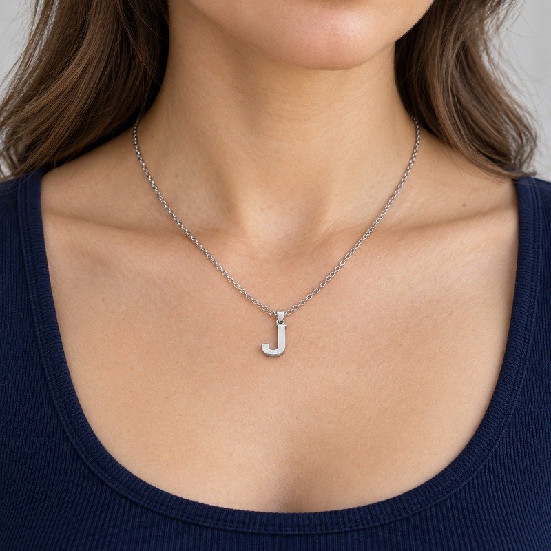 womens silver Stainless Steel initial j necklace, worn by an adult model
