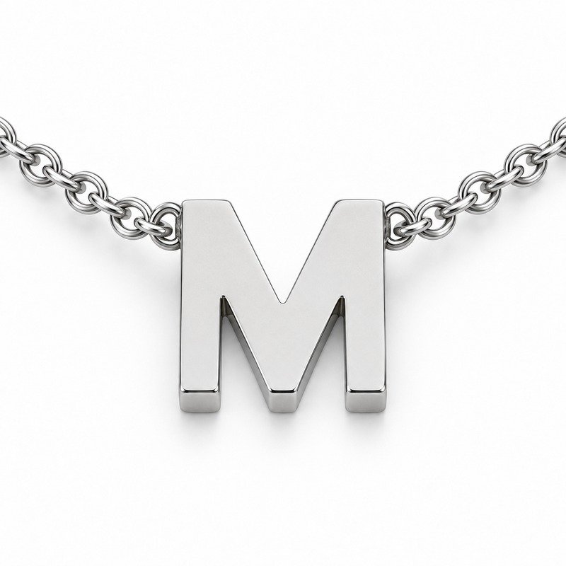 womens silver Stainless Steel initial m necklace, reverse side and connection structure on white