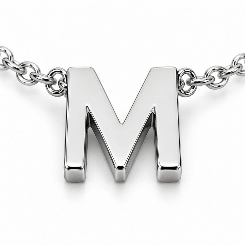 womens silver Stainless Steel initial m necklace, material and craftsmanship close-up