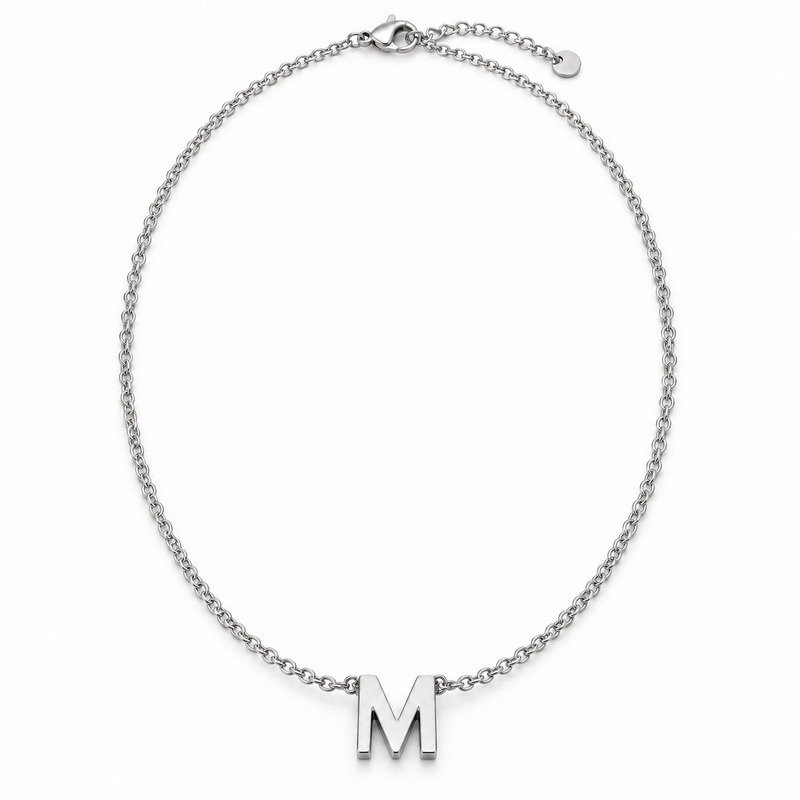 womens silver Stainless Steel initial m necklace, front view on white