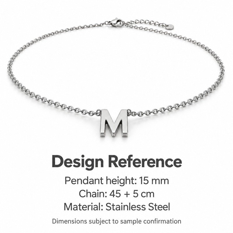 womens silver Stainless Steel initial m necklace, design reference dimensions and material specifications