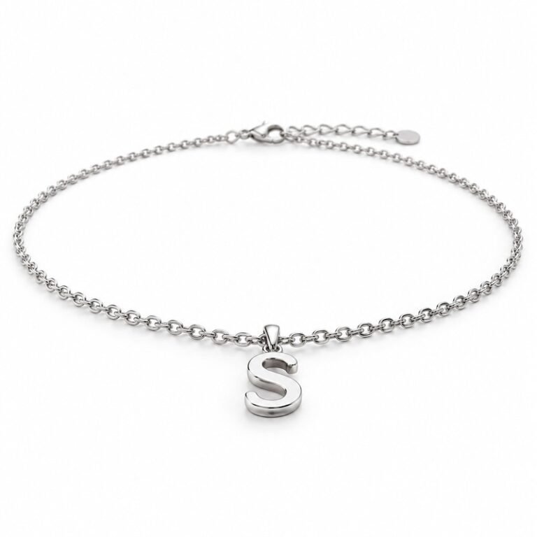 womens silver Stainless Steel initial s necklace, at a 45-degree angle on white