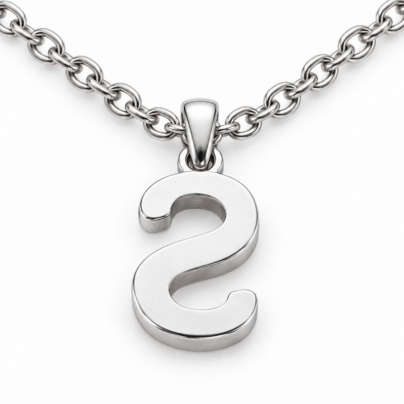 womens silver Stainless Steel initial s necklace, reverse side and connection structure on white