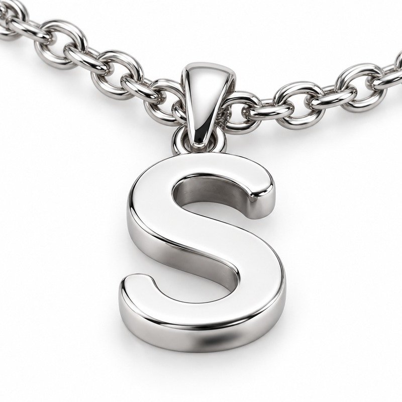 womens silver Stainless Steel initial s necklace, material and craftsmanship close-up