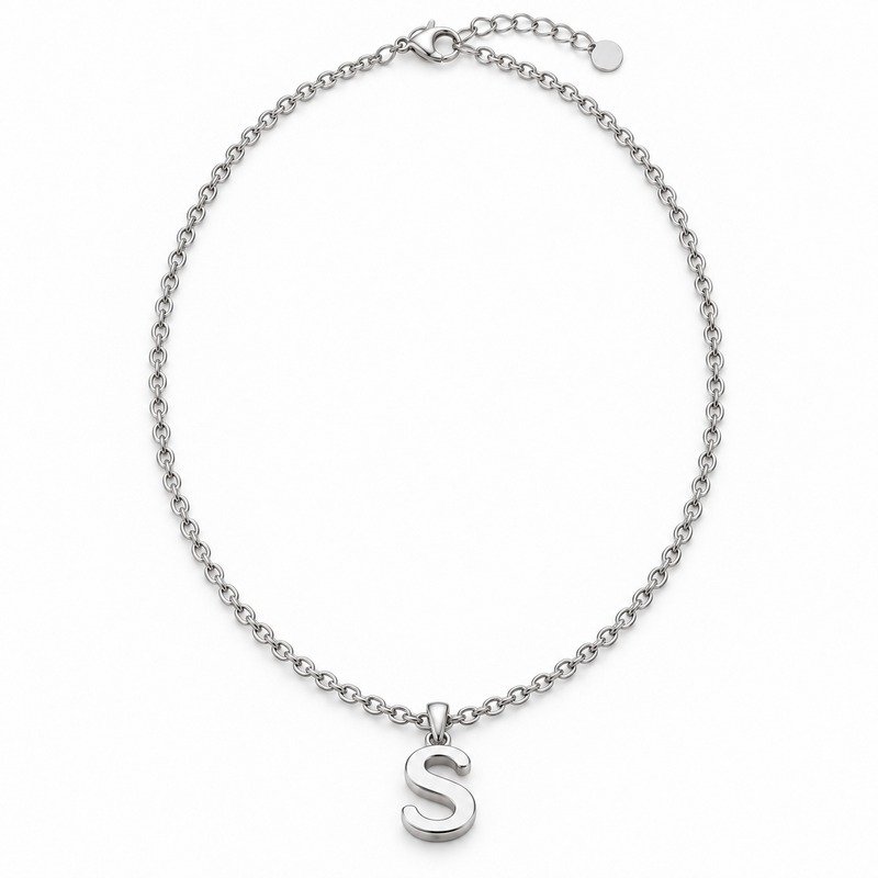 womens silver Stainless Steel initial s necklace, front view on white