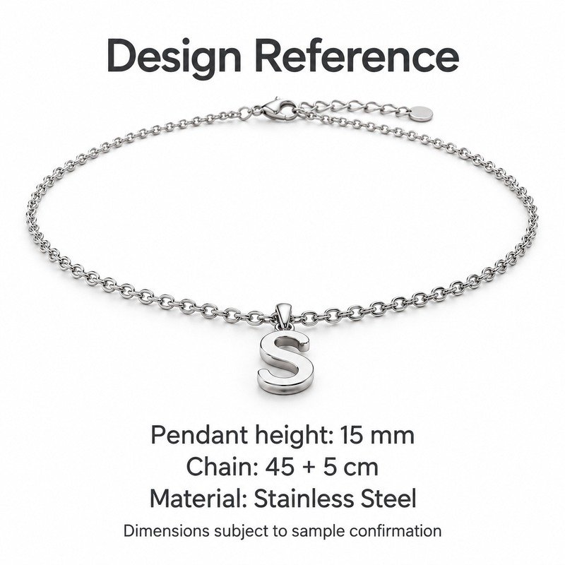 womens silver Stainless Steel initial s necklace, design reference dimensions and material specifications