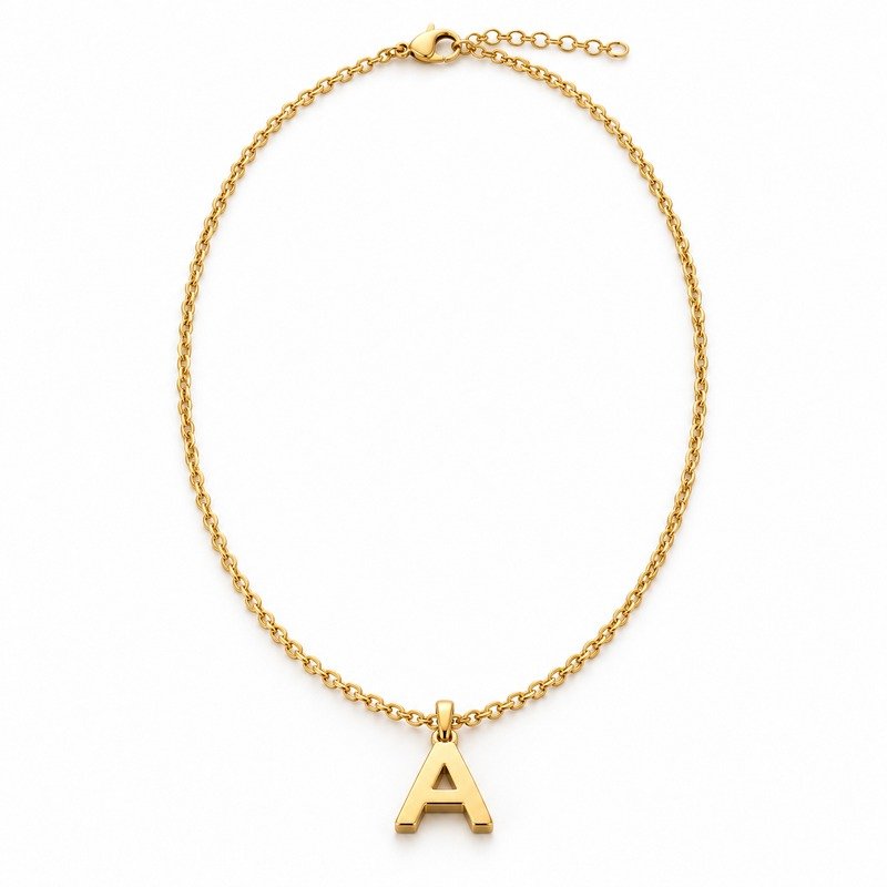 womens gold Stainless Steel initial a necklace, front view on white