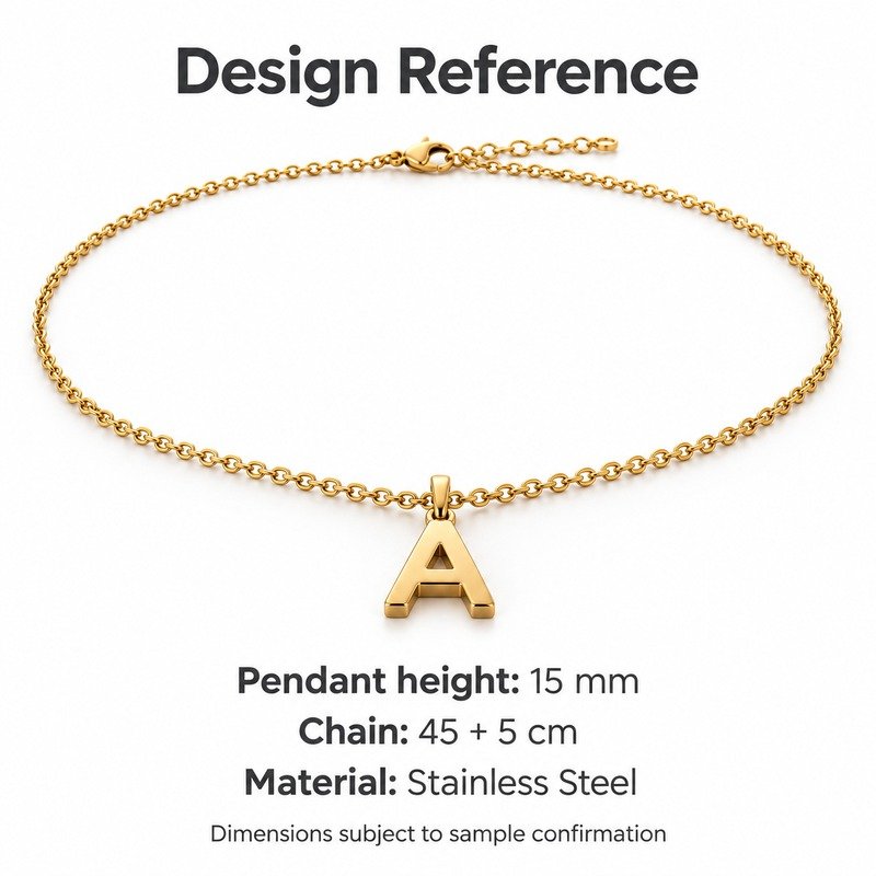 womens gold Stainless Steel initial a necklace, design reference dimensions and material specifications