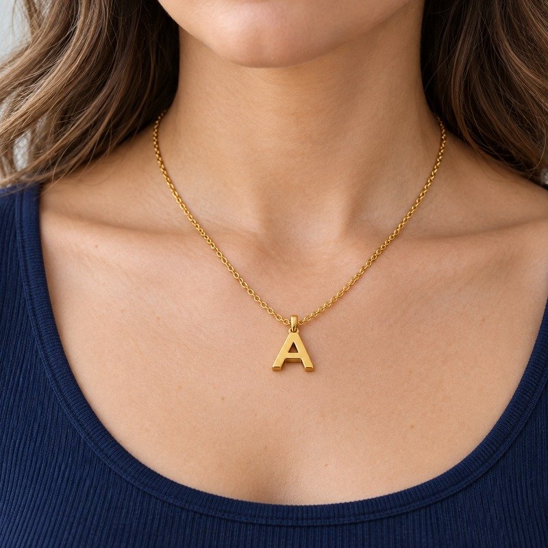 womens gold Stainless Steel initial a necklace, worn by an adult model