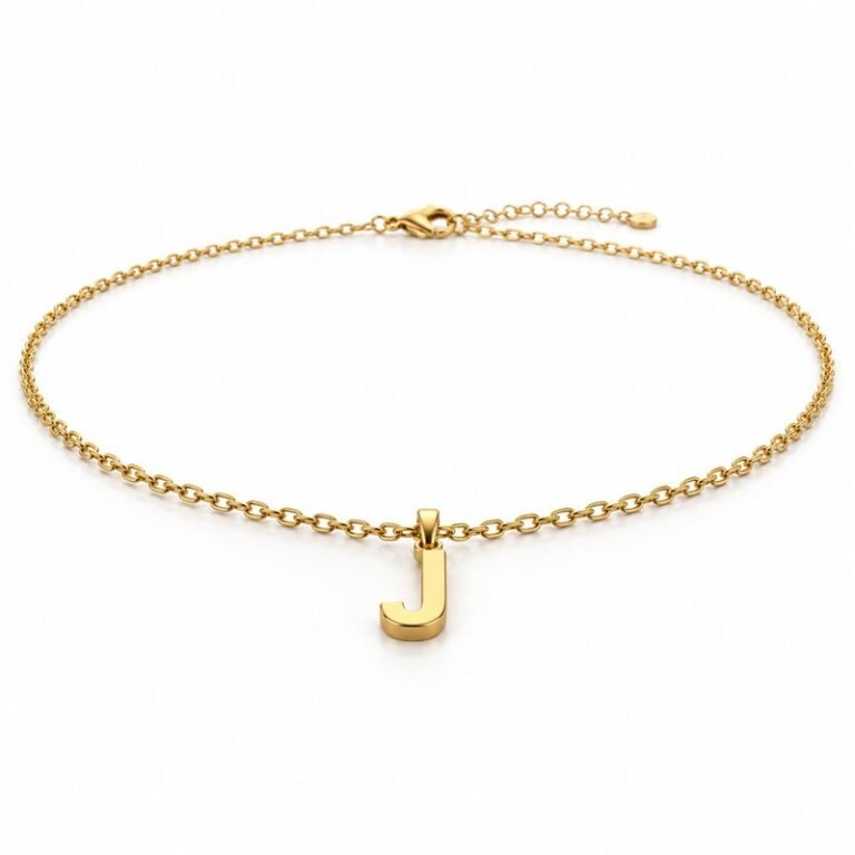 womens gold Stainless Steel initial j necklace, at a 45-degree angle on white