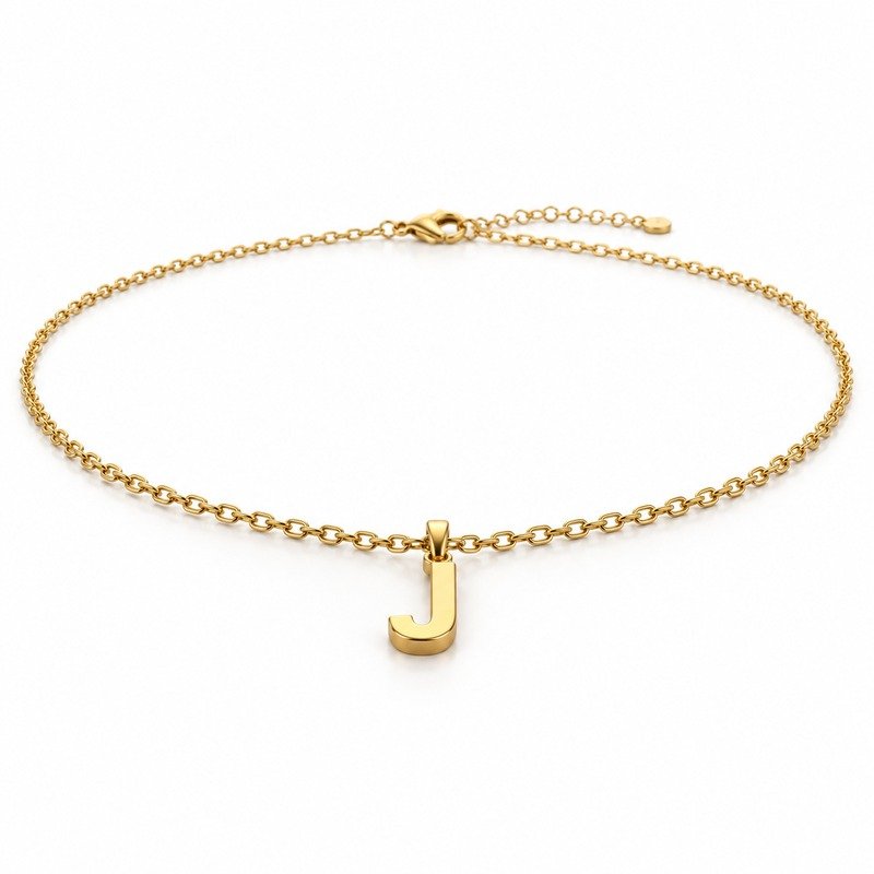 womens gold Stainless Steel initial j necklace, at a 45-degree angle on white