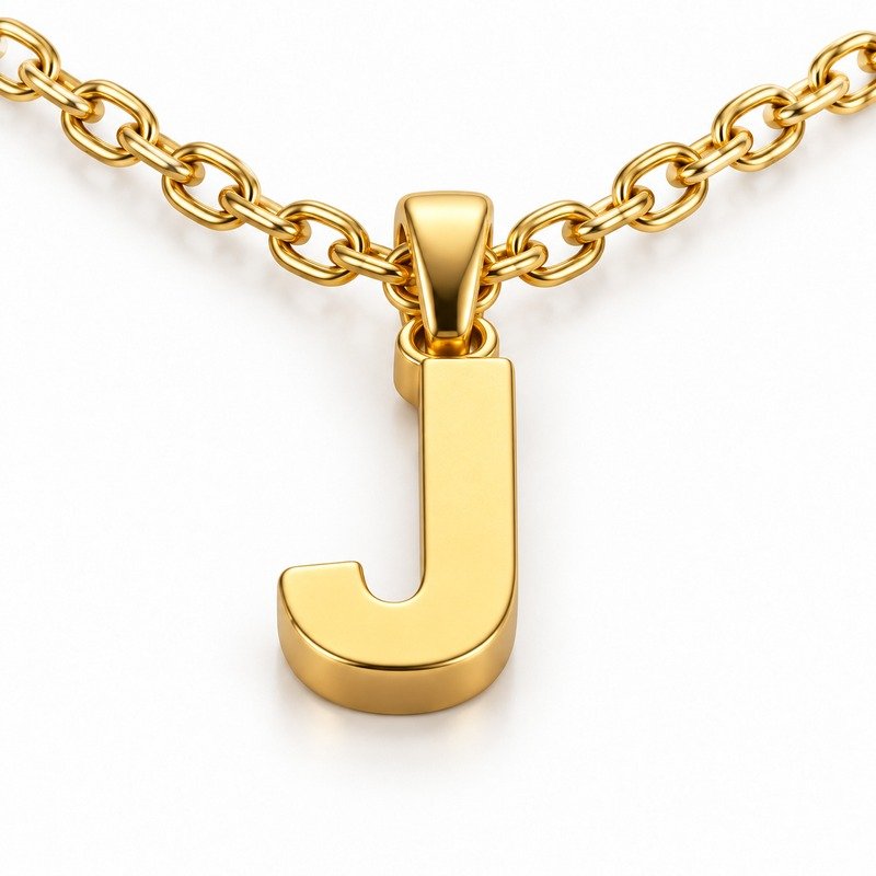womens gold Stainless Steel initial j necklace, reverse side and connection structure on white