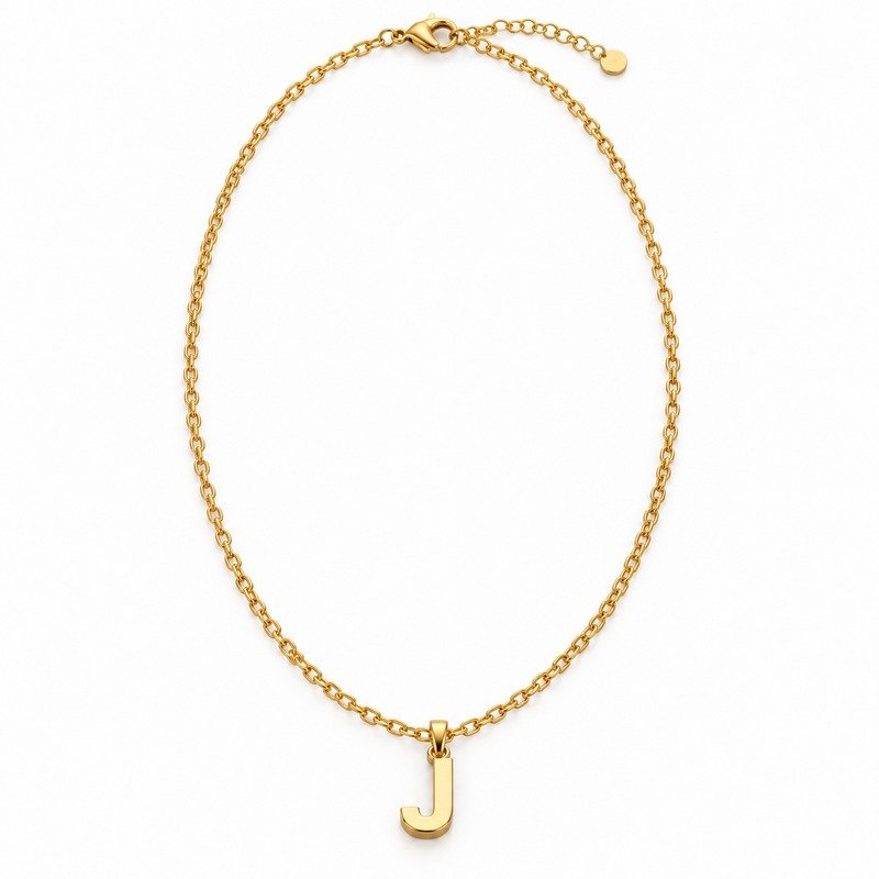 womens gold Stainless Steel initial j necklace, front view on white