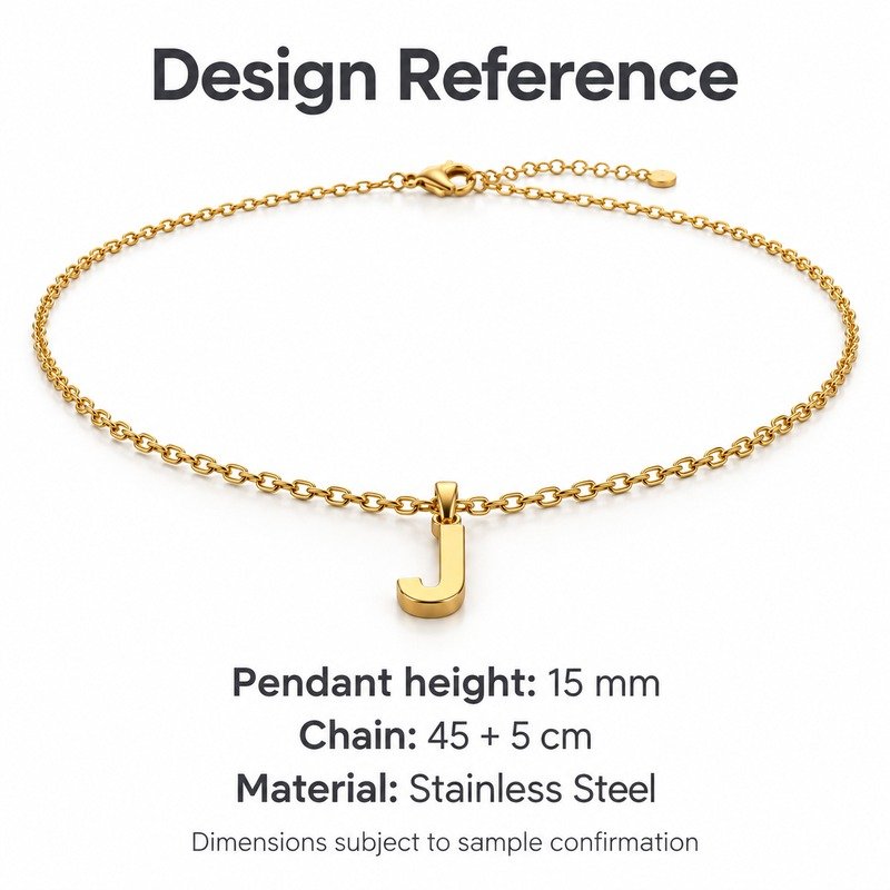 womens gold Stainless Steel initial j necklace, design reference dimensions and material specifications