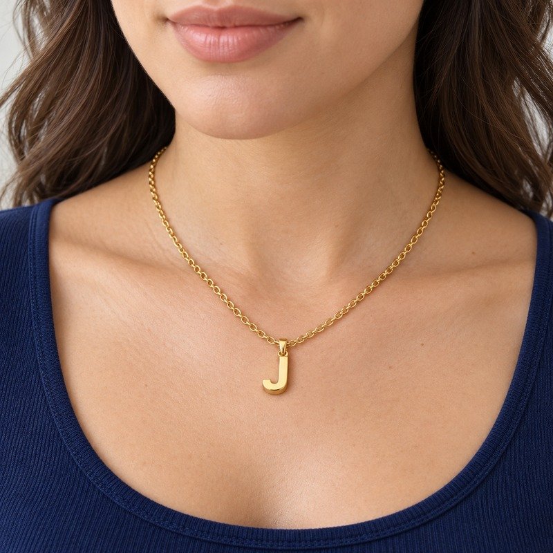 womens gold Stainless Steel initial j necklace, worn by an adult model