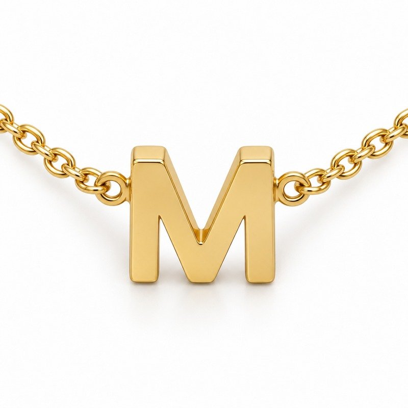 womens gold Stainless Steel initial m necklace, reverse side and connection structure on white
