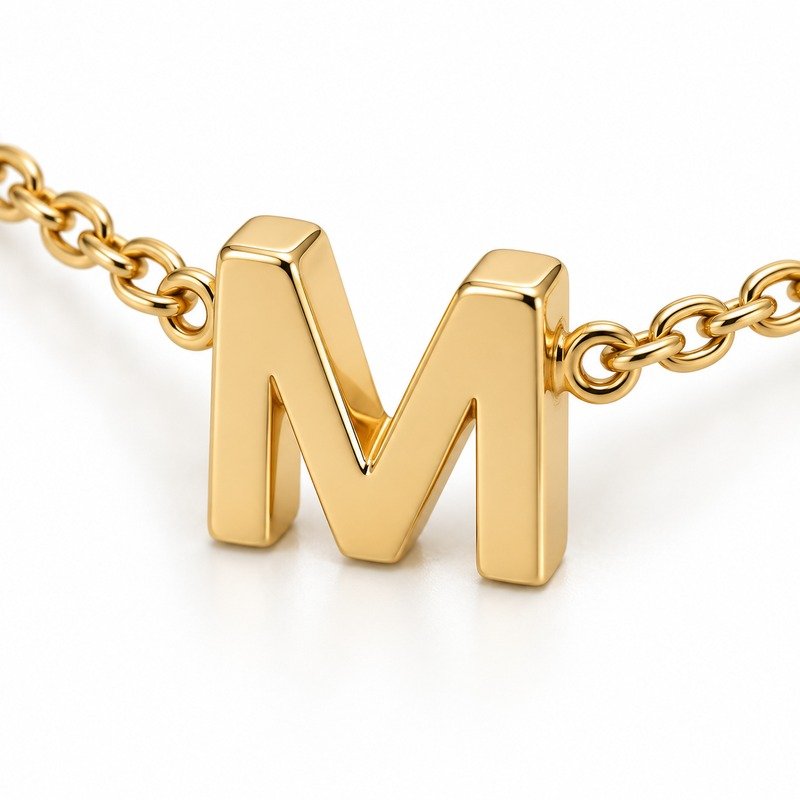womens gold Stainless Steel initial m necklace, material and craftsmanship close-up