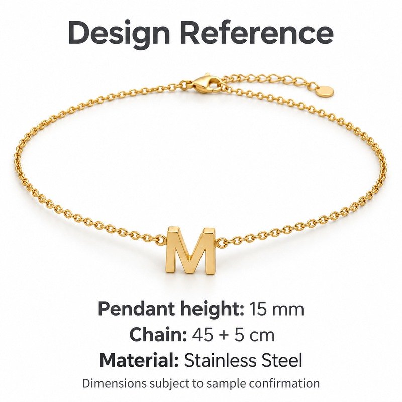 womens gold Stainless Steel initial m necklace, design reference dimensions and material specifications