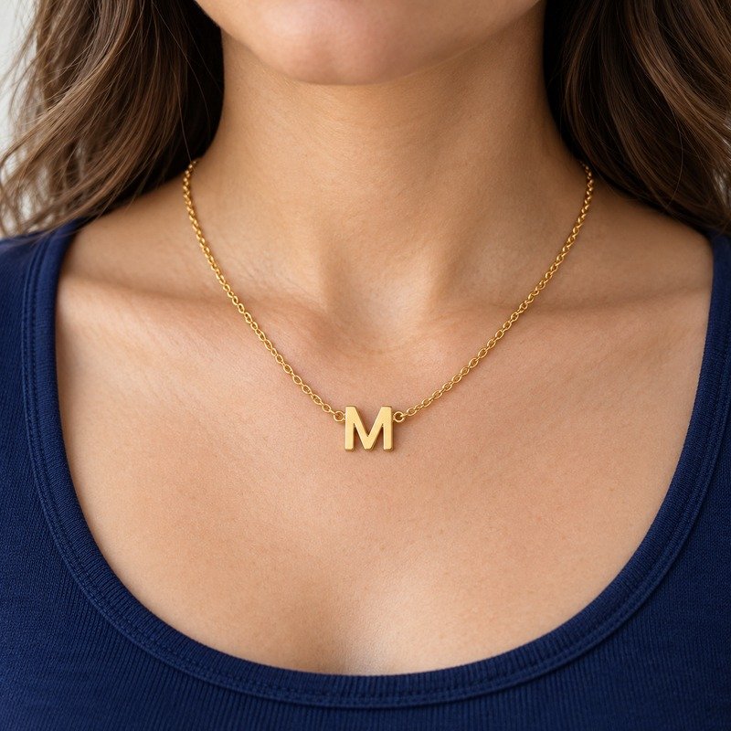 womens gold Stainless Steel initial m necklace, worn by an adult model
