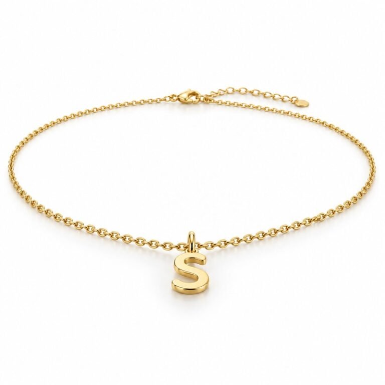 womens gold Stainless Steel initial s necklace, at a 45-degree angle on white