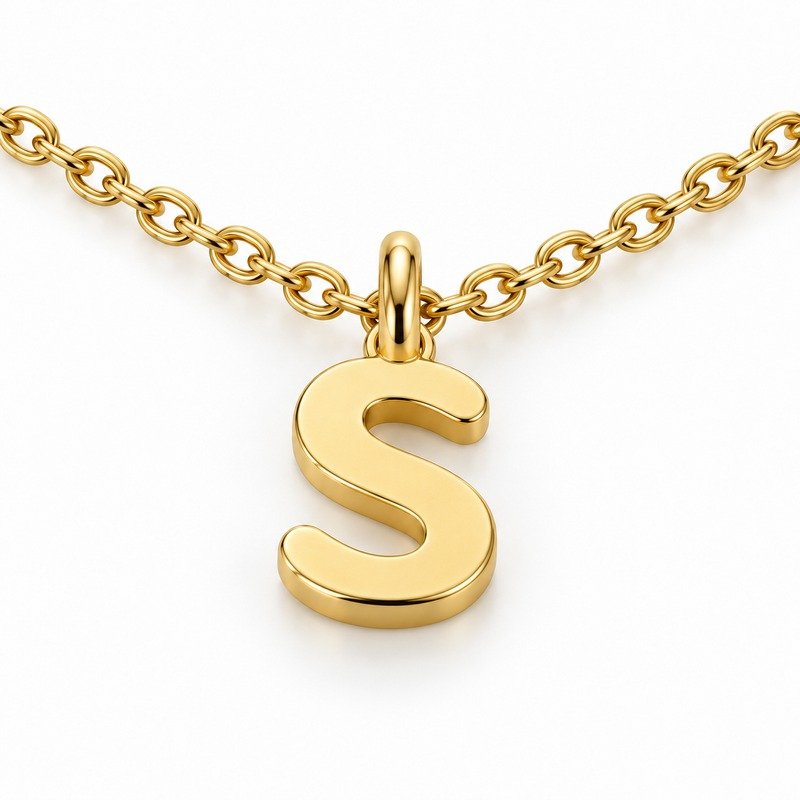womens gold Stainless Steel initial s necklace, reverse side and connection structure on white