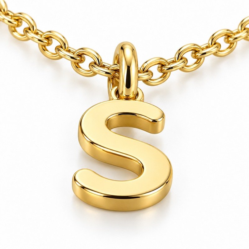 womens gold Stainless Steel initial s necklace, material and craftsmanship close-up