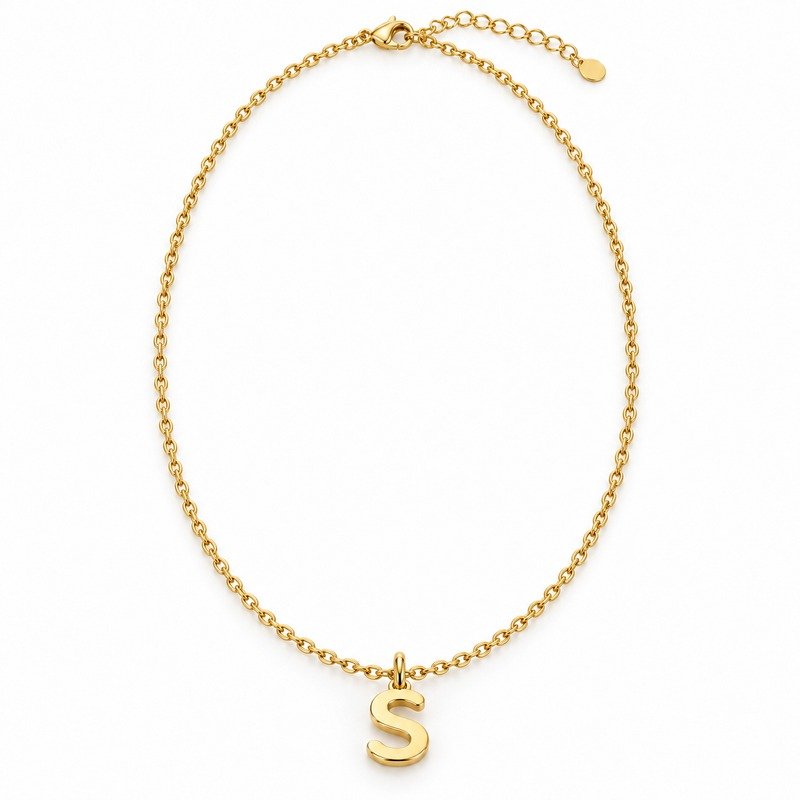 womens gold Stainless Steel initial s necklace, front view on white