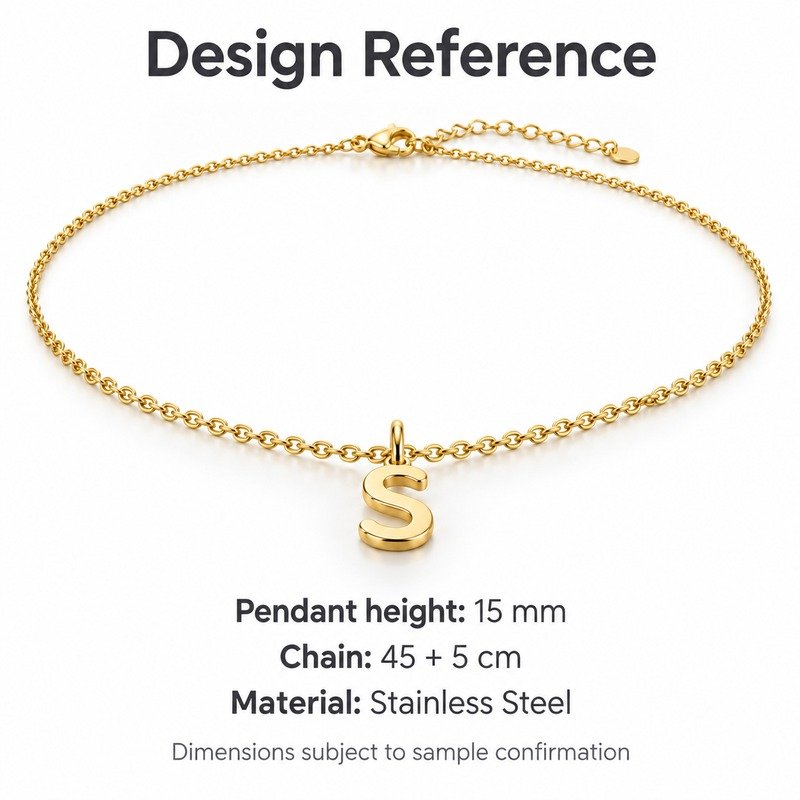 womens gold Stainless Steel initial s necklace, design reference dimensions and material specifications