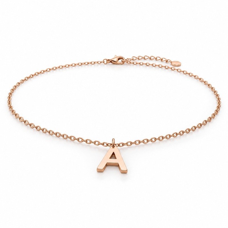 womens rose gold Stainless Steel initial a necklace, at a 45-degree angle on white