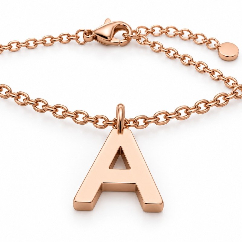 womens rose gold Stainless Steel initial a necklace, reverse side and connection structure on white