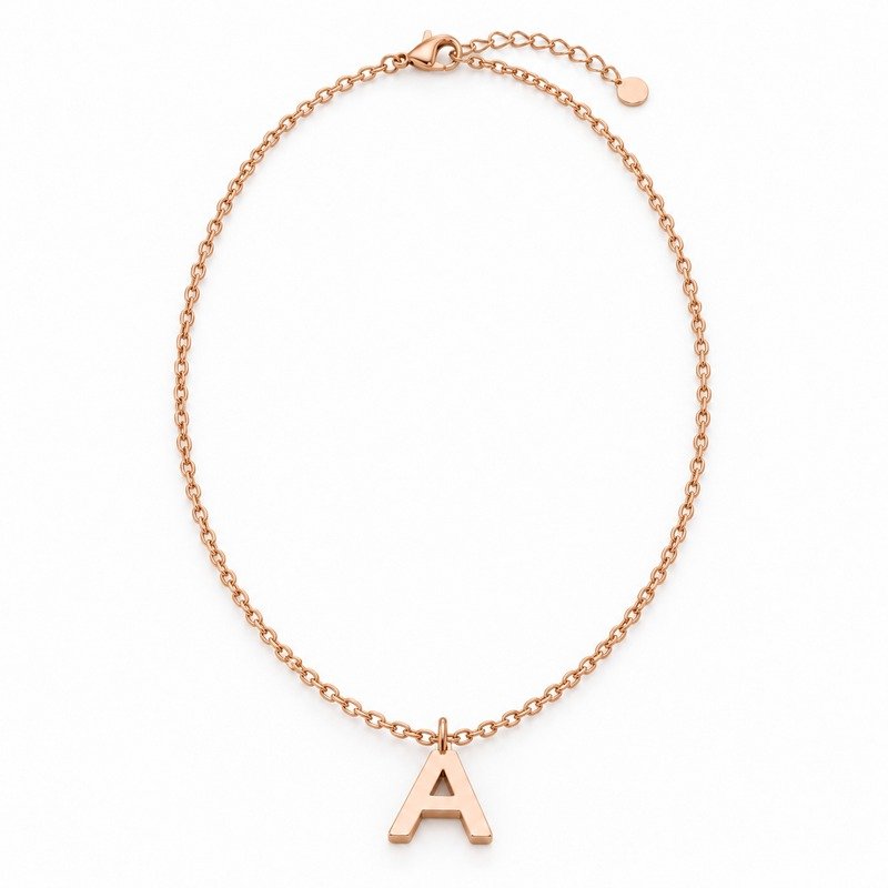 womens rose gold Stainless Steel initial a necklace, front view on white