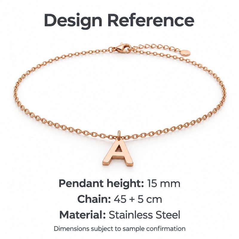 womens rose gold Stainless Steel initial a necklace, design reference dimensions and material specifications